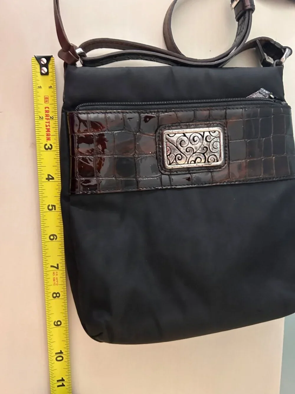 Y2K Brighton Black Nylon Crossbody Bag Brown Croc Embossed Trim Heart Charm - Picture 13 of 15